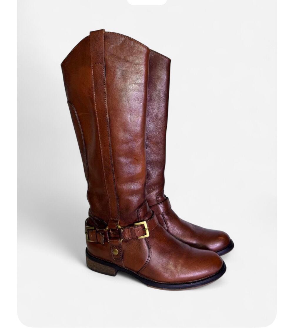 Miz Mooz Leather Knee High Riding Harness Boots - Cognac Brown - Women’s Size 7